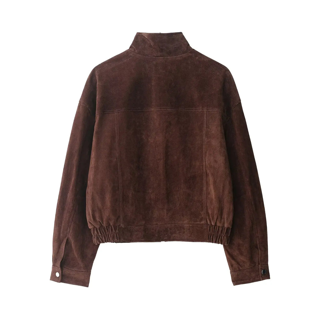 Women's suede-look cropped jacket with snap front