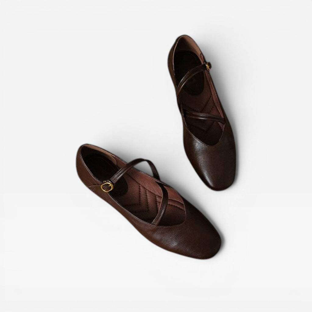 Women's Leather Mary Jane Flats with Buckle Strap — view 9