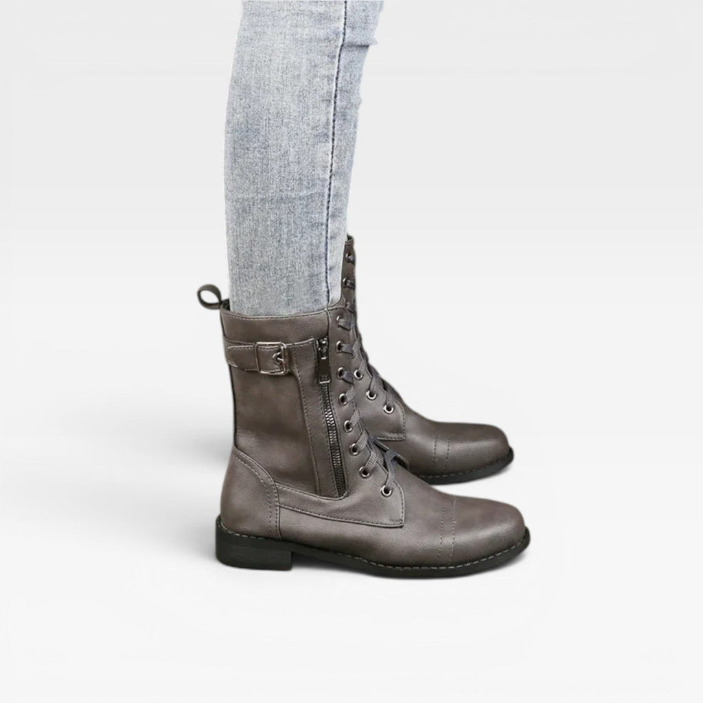 Women's Mid-Calf Lace-Up Leather Boots with Buckle — view 7