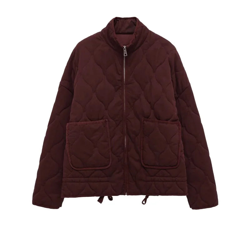 Women's high collar quilted jacket with patch pockets