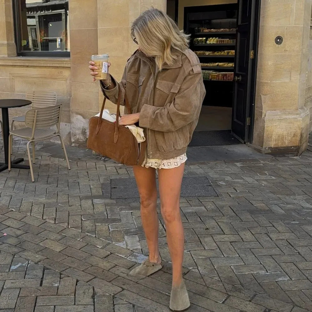 Women's suede-look bomber jacket with pockets