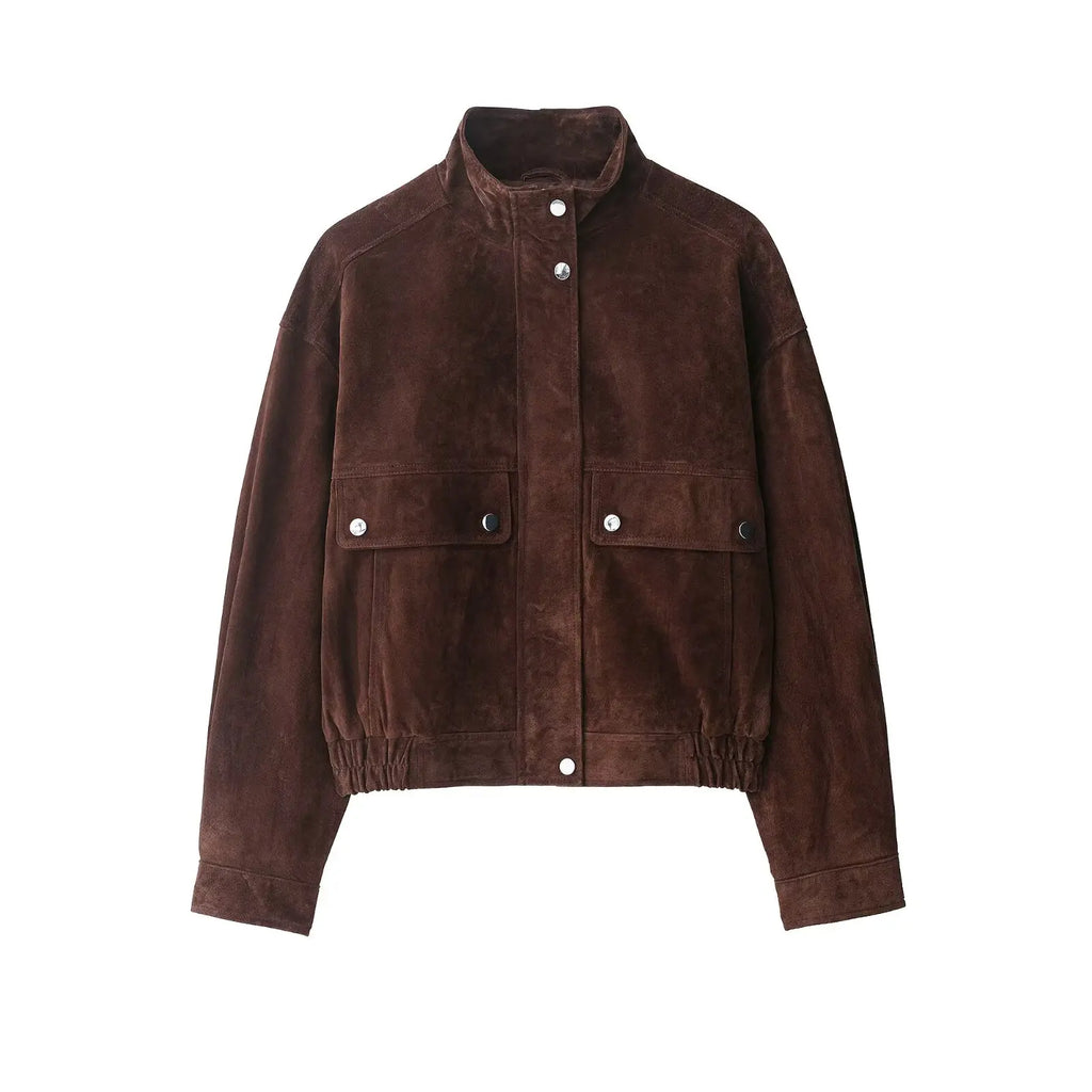 Women's suede-look cropped jacket with snap front