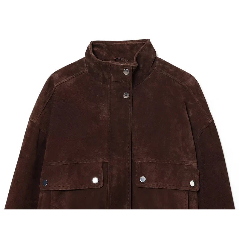 Women's suede-look cropped jacket with snap front