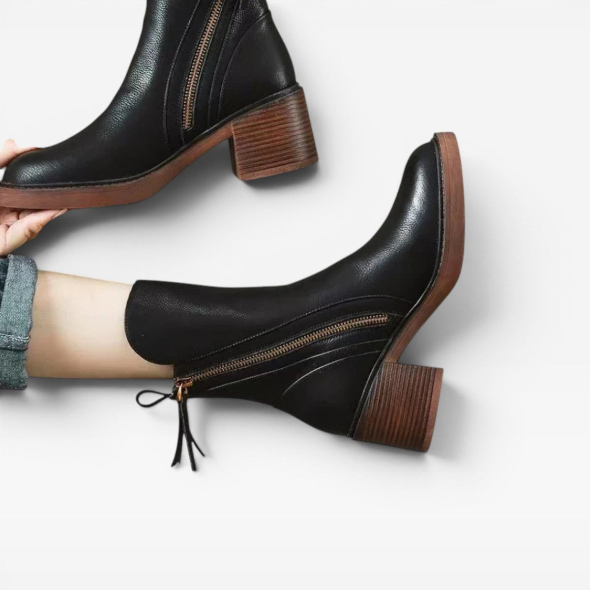 Women's Western Leather Ankle Boots with Stacked Heel — view 9