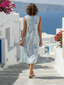 Solene | Sleeveless Blue Leaf Pattern Midi Dress