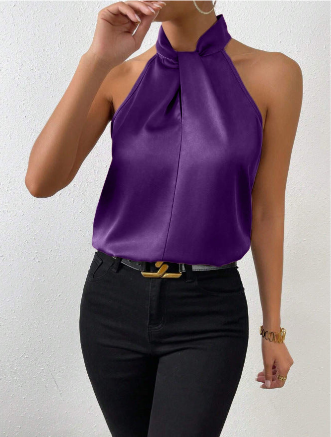 Women's satin-look twist-neck sleeveless top