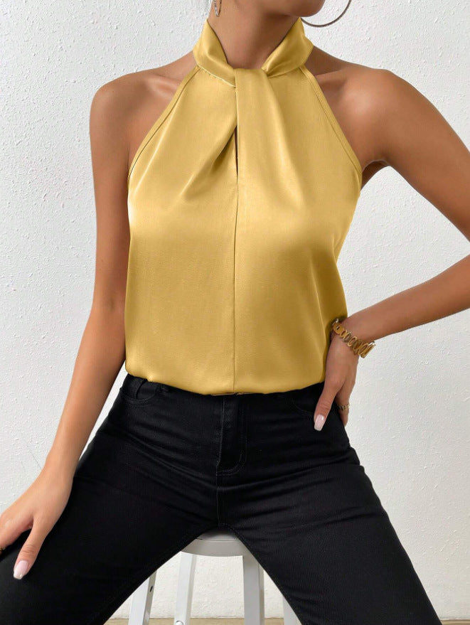 Women's satin-look twist-neck sleeveless top