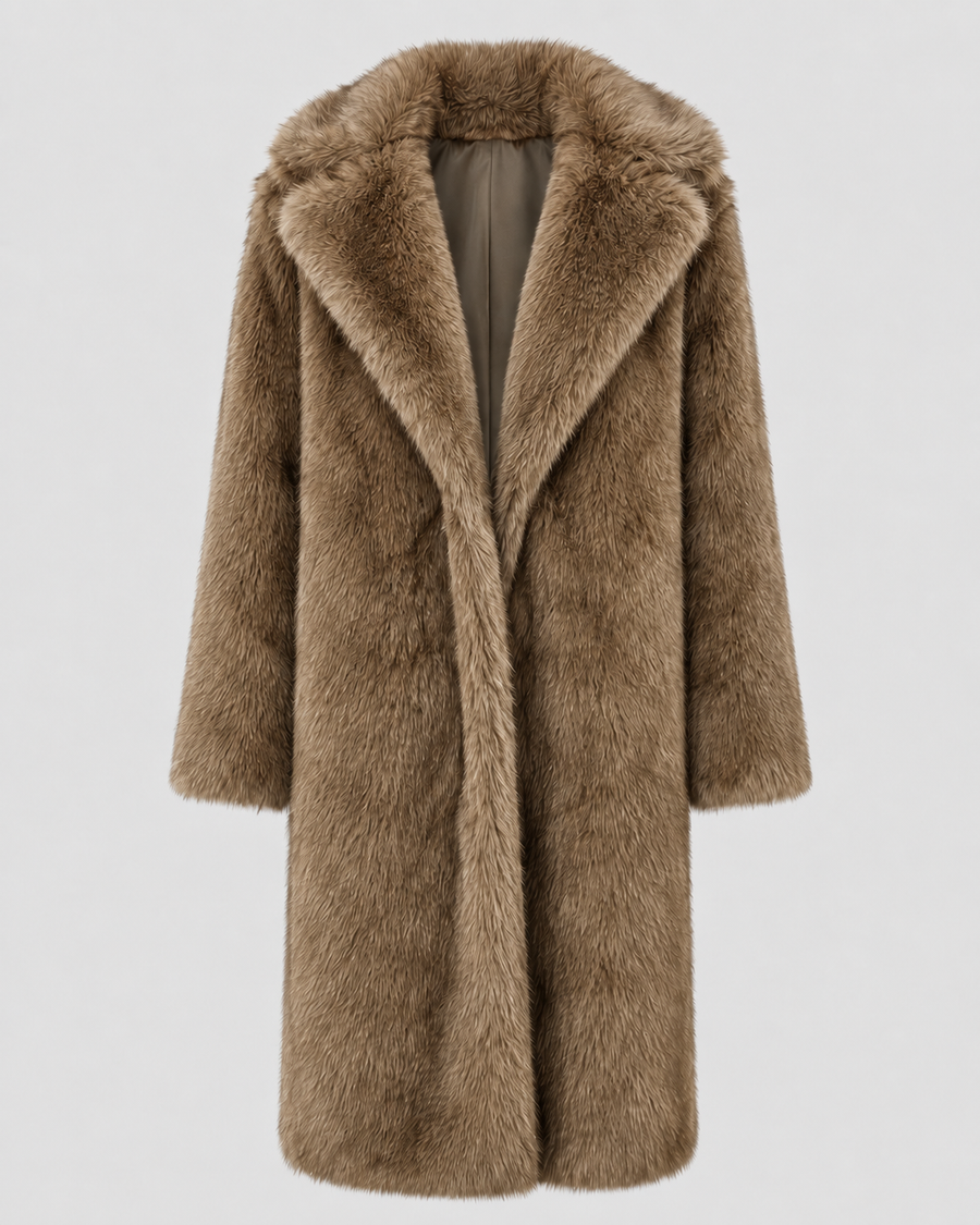 Women's Longline Faux Fur Coat with Wide Collar | Honley