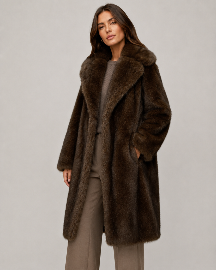 Women's Longline Faux Fur Coat with Wide Collar | Honley