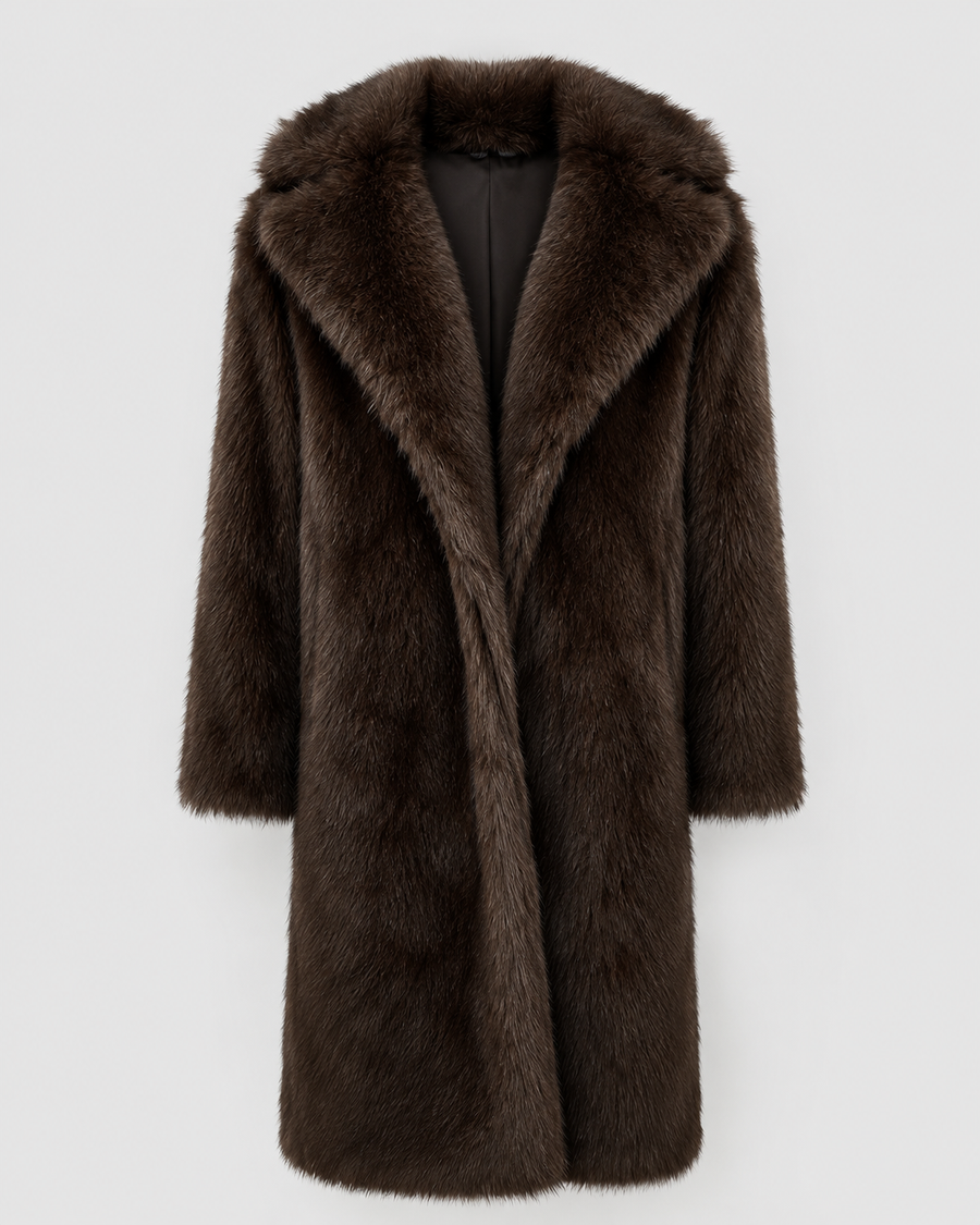 Women's Longline Faux Fur Coat with Wide Collar | Honley