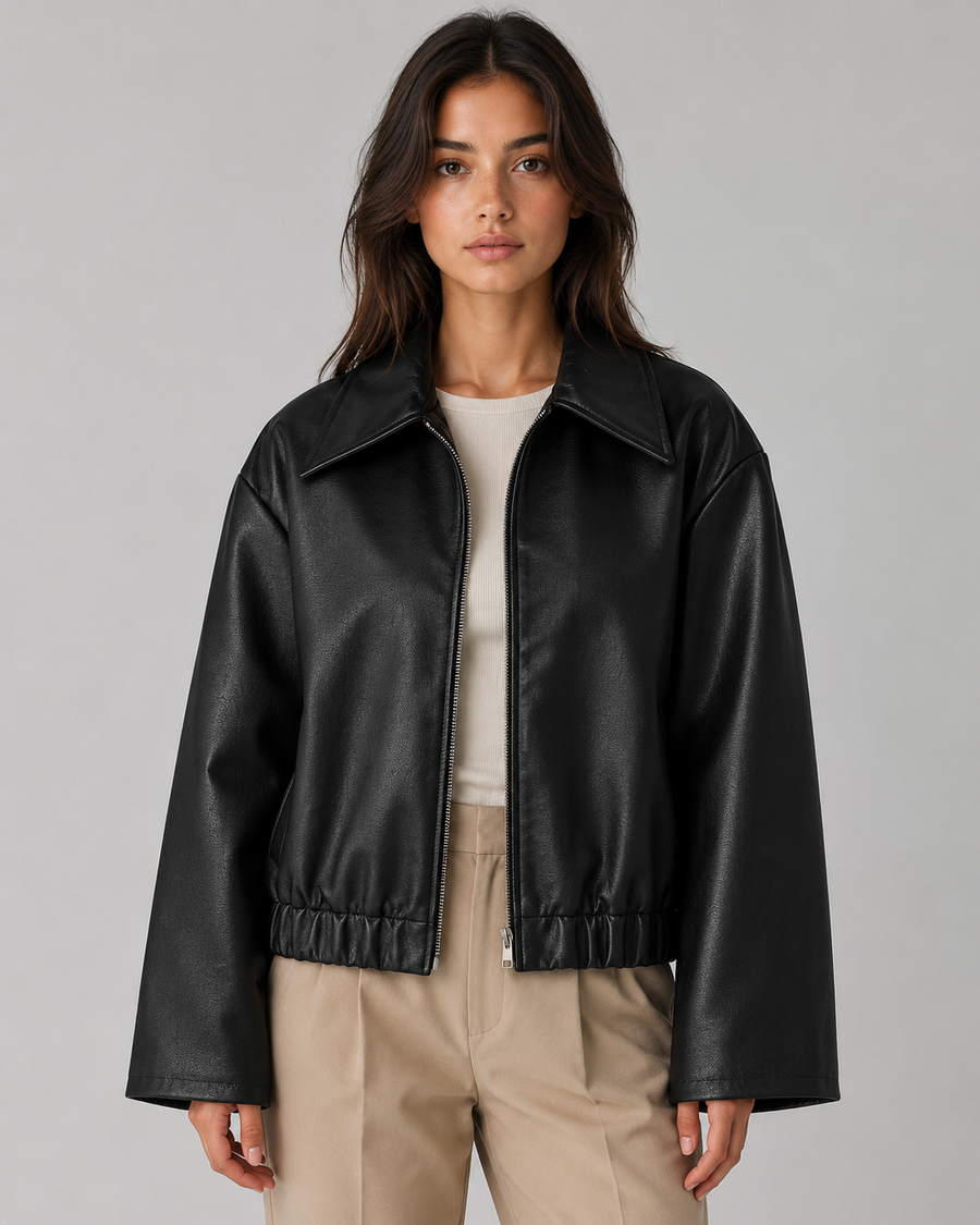 Women's Cropped PU Leather Zip Jacket | Masham