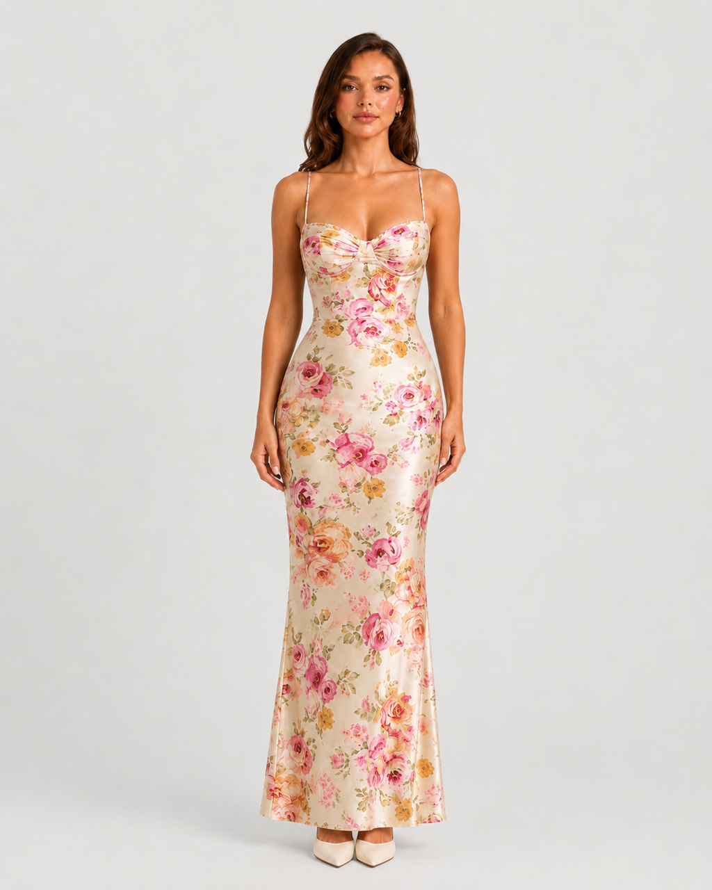 Women’s Floral Satin Maxi Dress with Shaping Cups