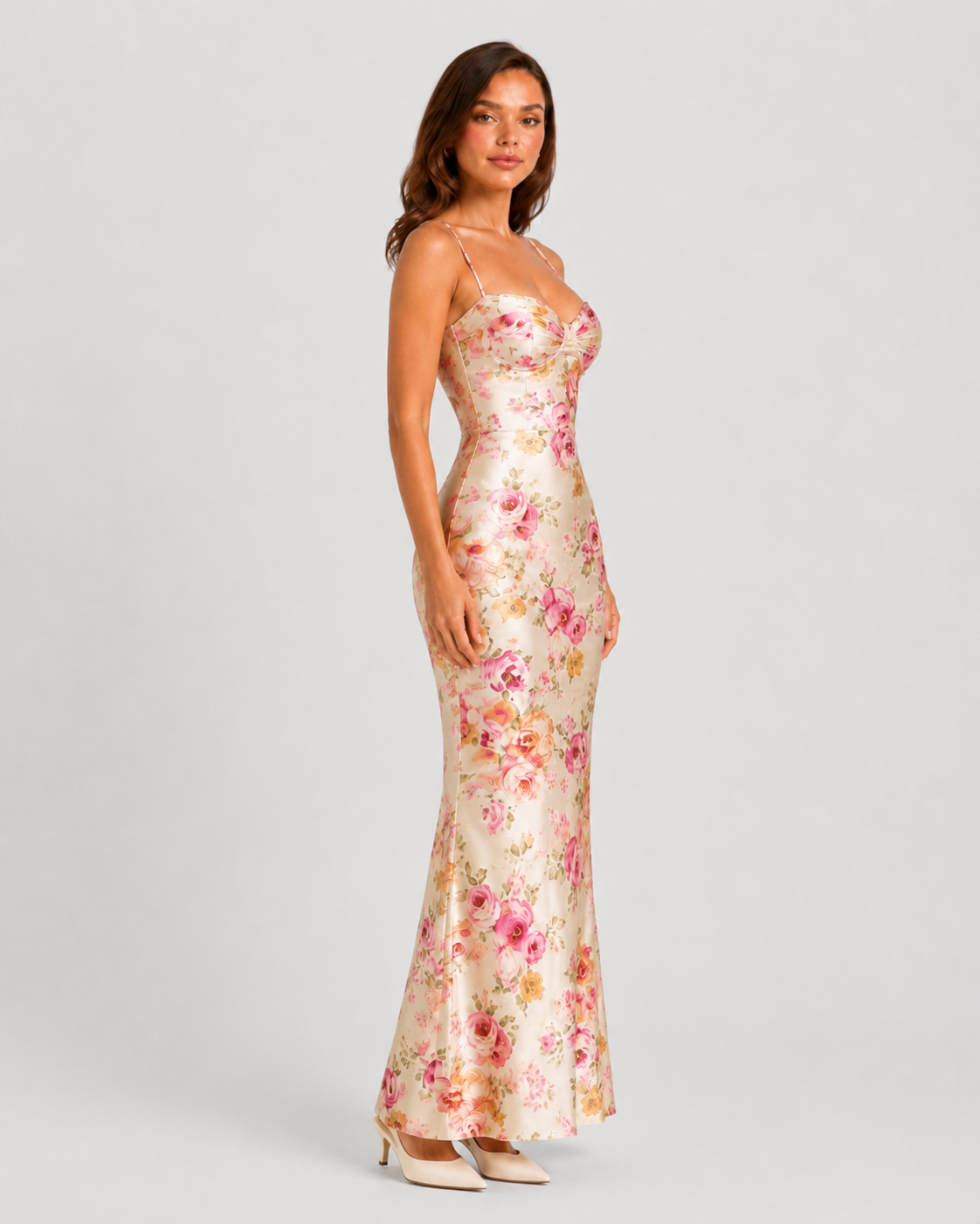 Women’s Floral Satin Maxi Dress with Shaping Cups