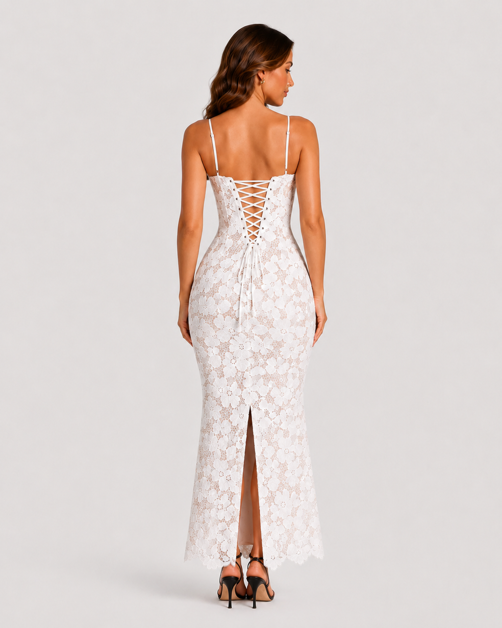 Women’s Lace-Up Back Occasion Dress with Floral Embroidery