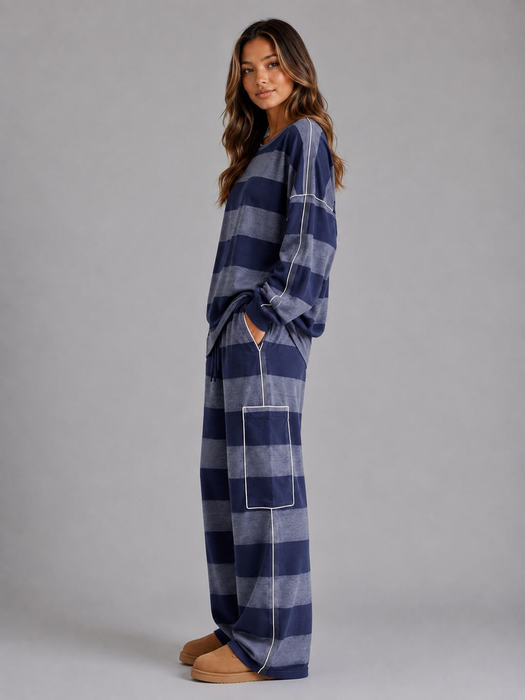 Women's striped sweatshirt and wide-leg trouser co-ord set