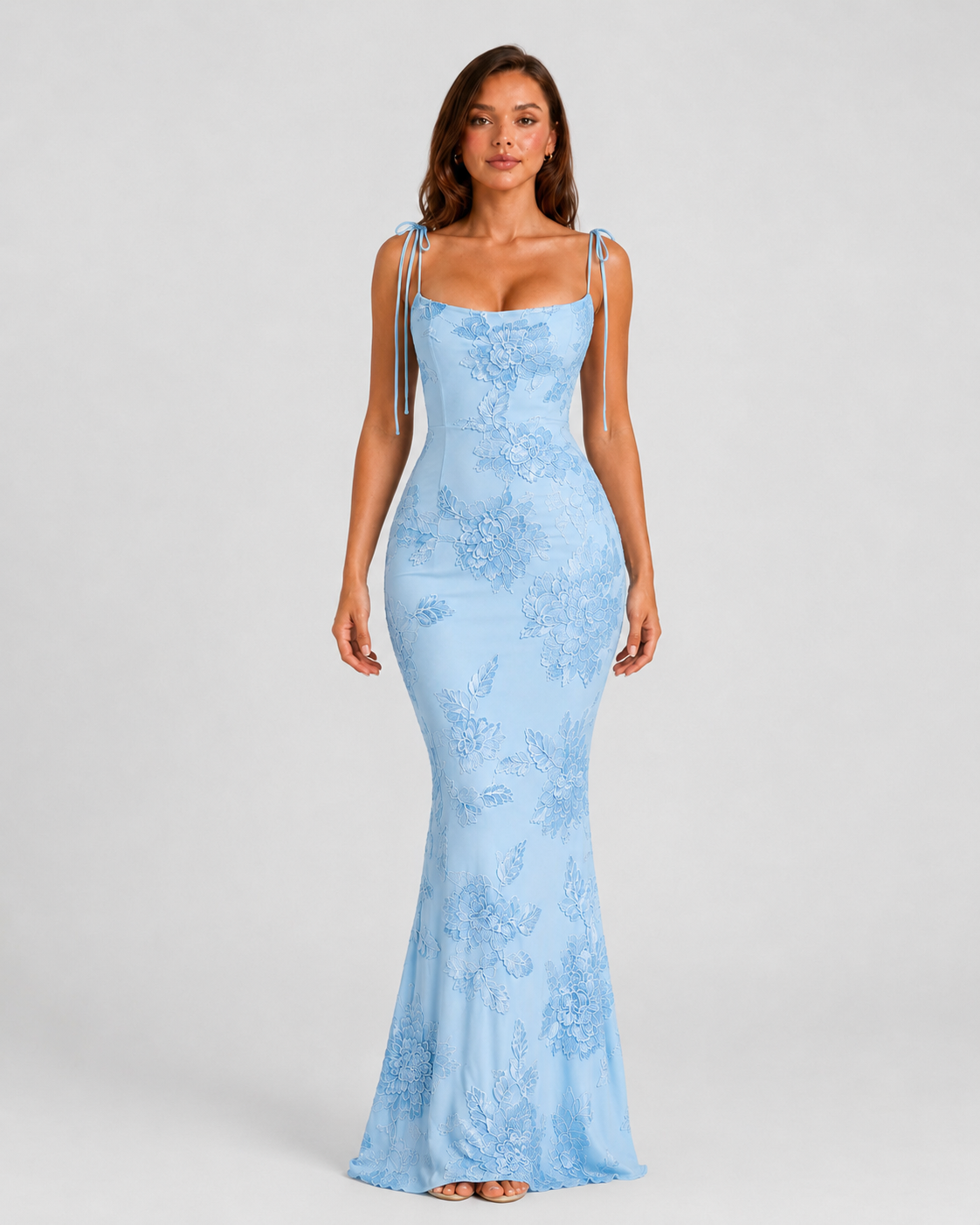 Women’s Tie Shoulder Maxi Dress with Floral Embroidery