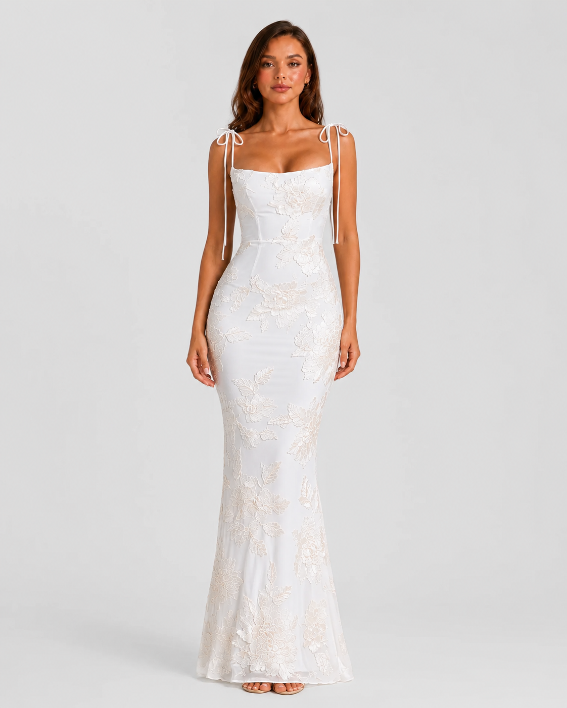 Women’s Tie Shoulder Maxi Dress with Floral Embroidery
