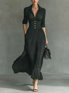 Elvira | Pleated long dress with a lapel and high waist