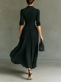 Elvira | Pleated long dress with a lapel and high waist