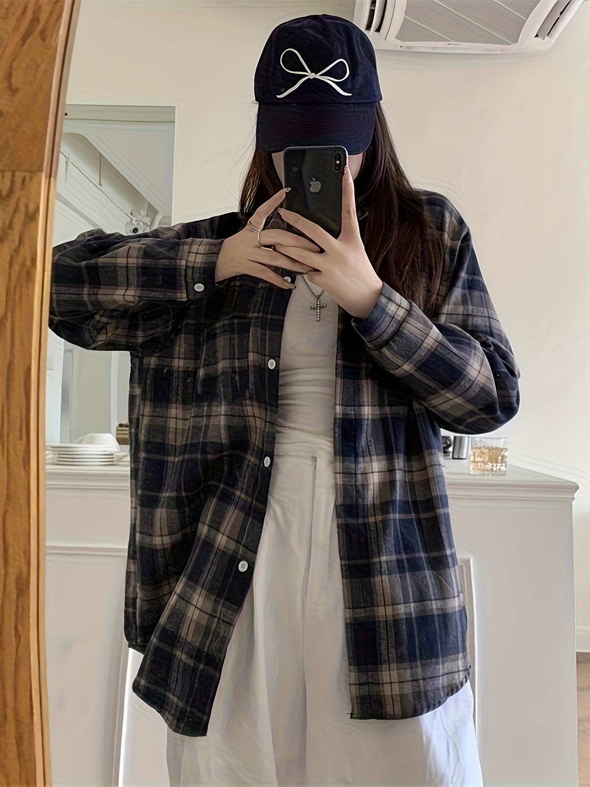 Women's check overshirt with notched collar