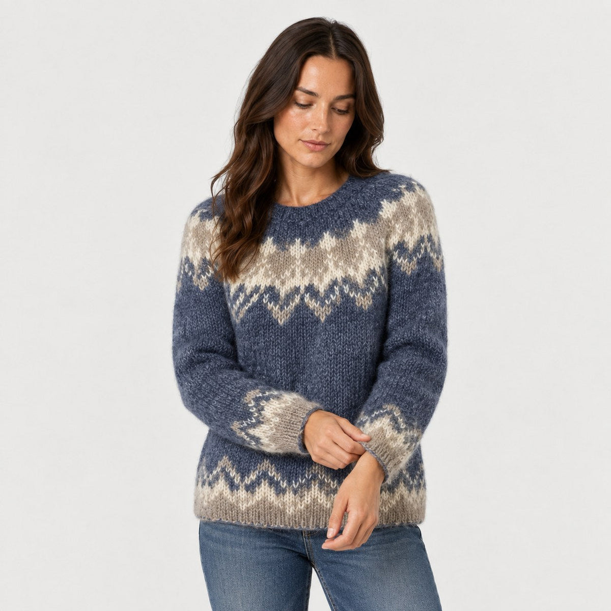 Women's Nordic Pattern Jumper in Navy | Hawnby – front view