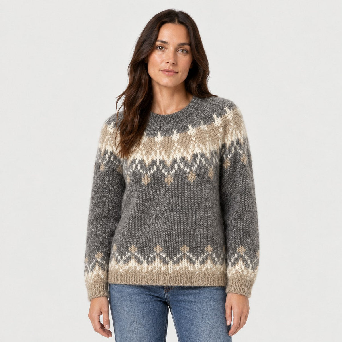 Women's Nordic Pattern Jumper in Grey | Hawnby – front view