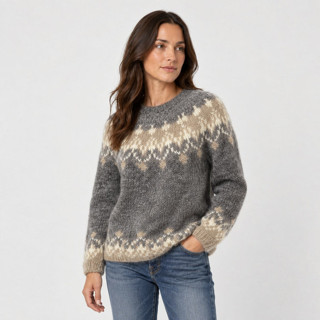Women's Nordic Pattern Jumper in Grey | Hawnby – side view