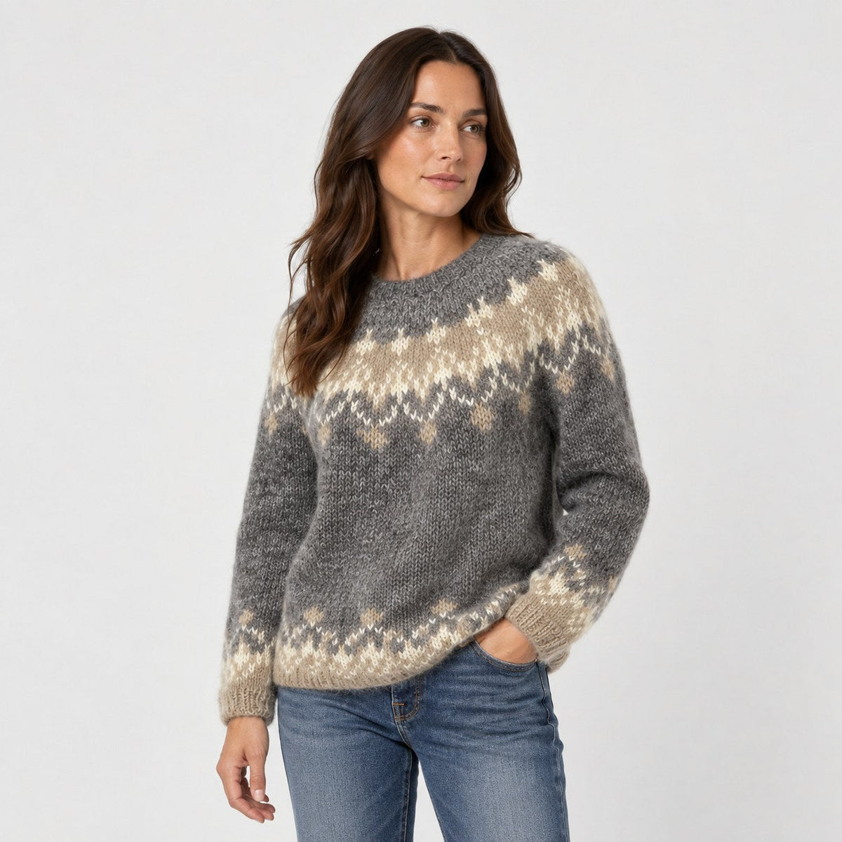 Women's Nordic Pattern Jumper in Grey | Hawnby – side view