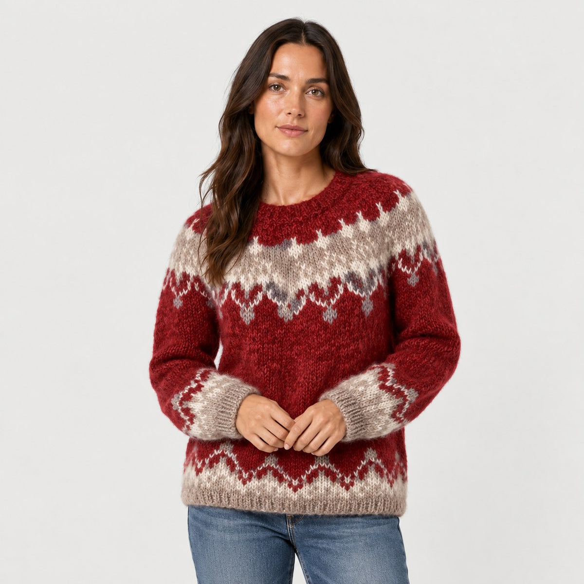 Women's Nordic Pattern Jumper in Red | Hawnby – front view