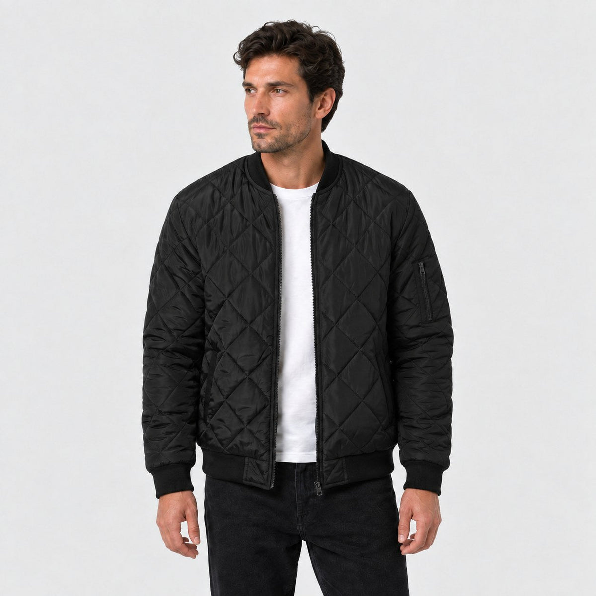 Men's Diamond Quilted Bomber Jacket in Black | Upton – front view