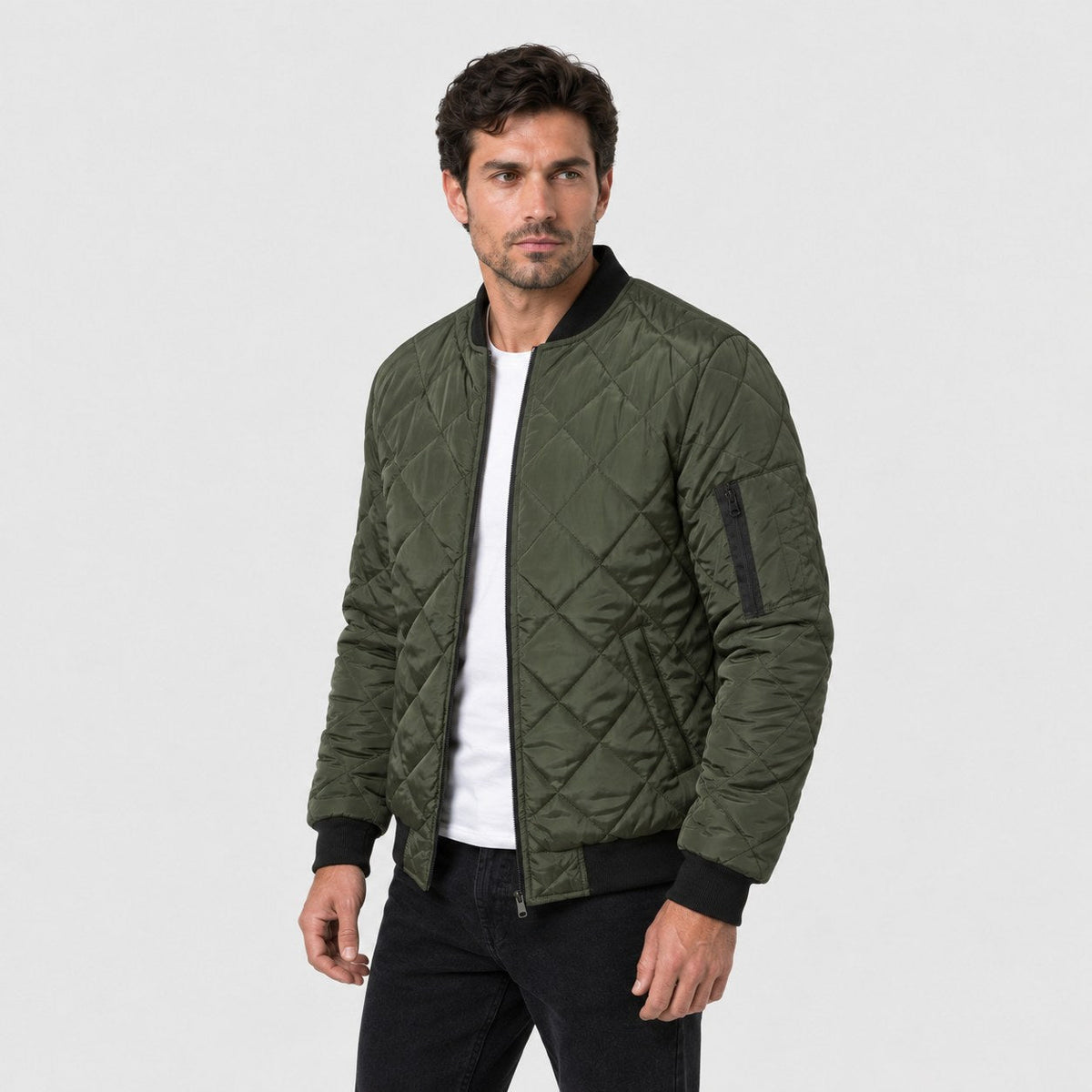 Men's Diamond Quilted Bomber Jacket in Green | Upton – side view