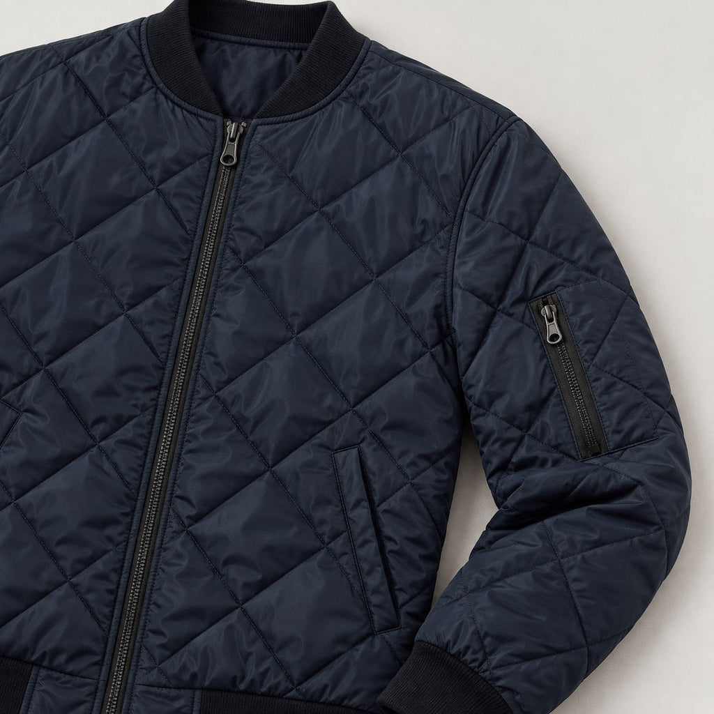 Men's Diamond Quilted Bomber Jacket in Navy | Upton – detail view