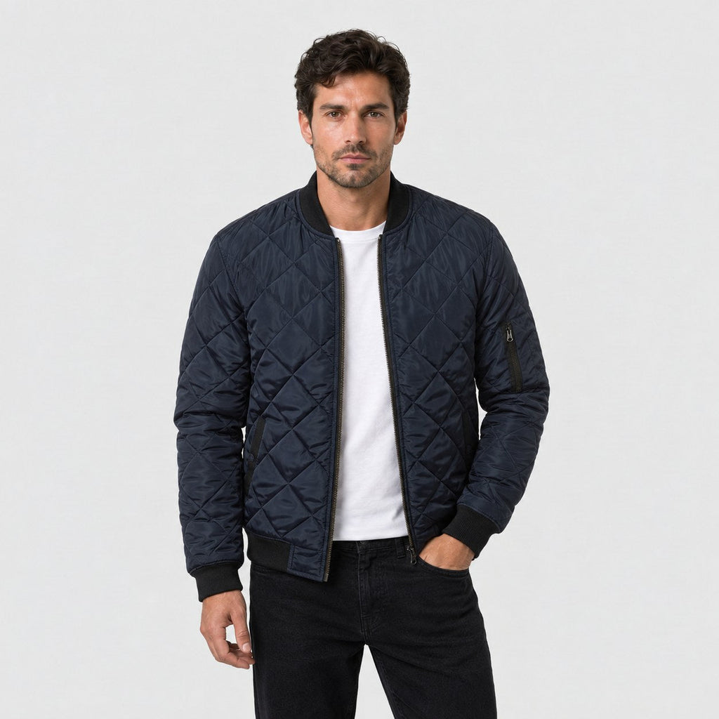 Men's Diamond Quilted Bomber Jacket in Navy | Upton – front view