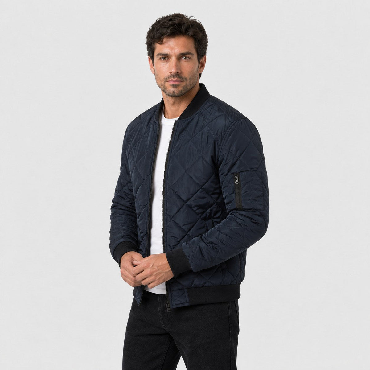 Men's Diamond Quilted Bomber Jacket in Navy | Upton – side view