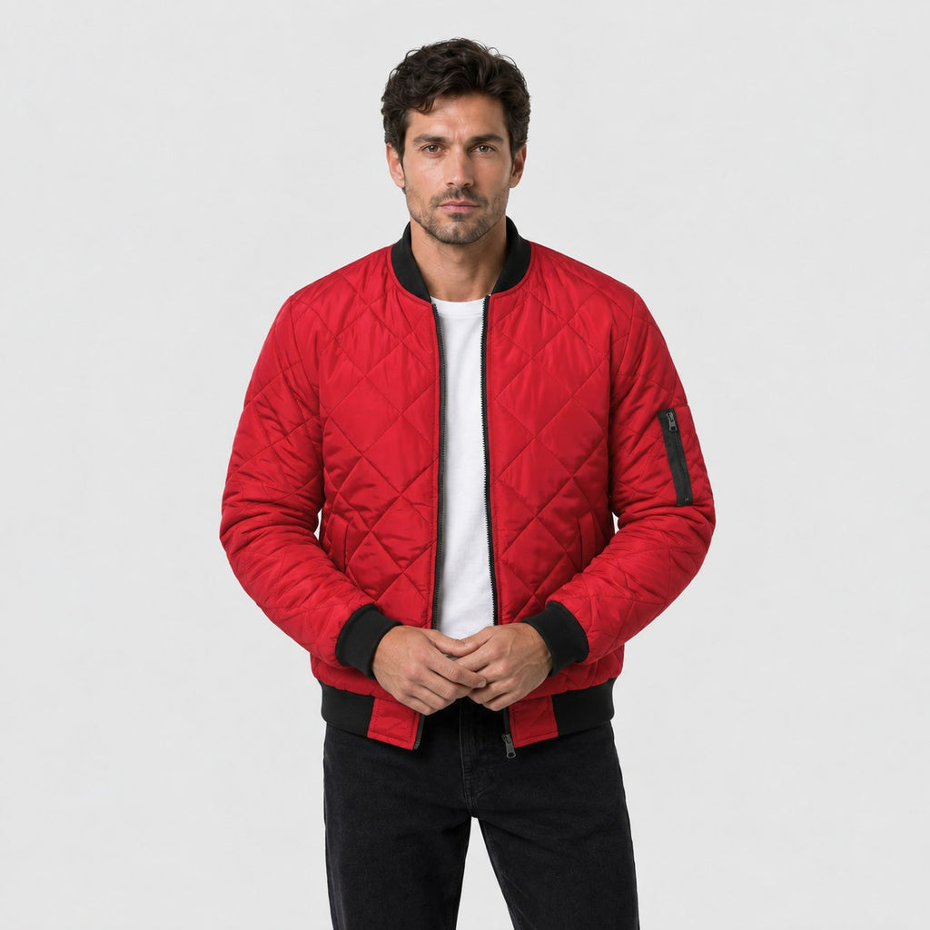 Men's Diamond Quilted Bomber Jacket in Red | Upton – front view