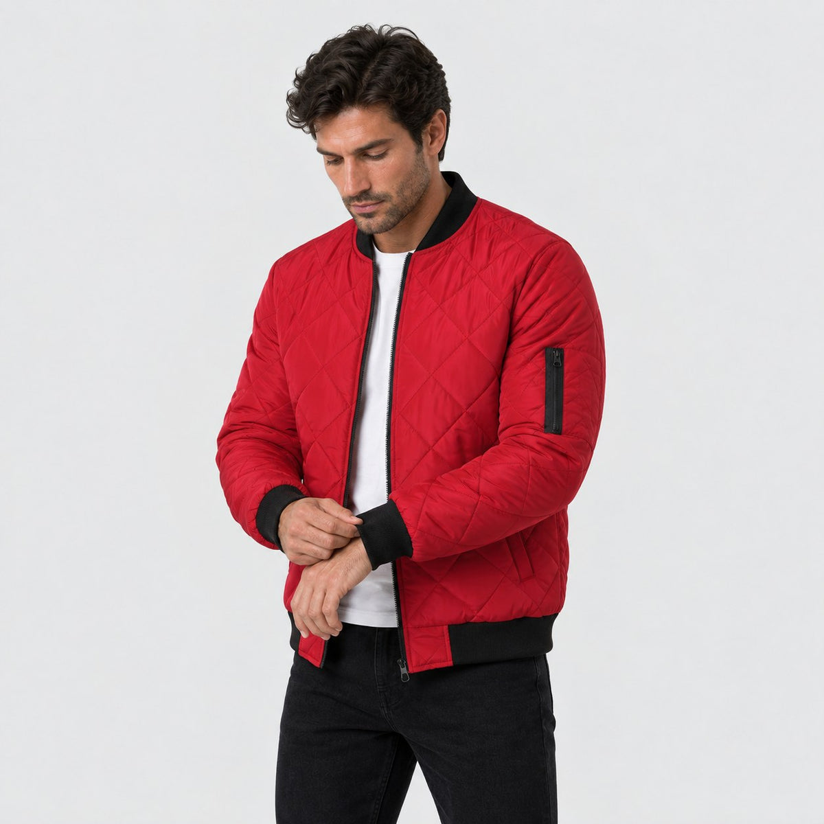 Men's Diamond Quilted Bomber Jacket in Red | Upton – side view