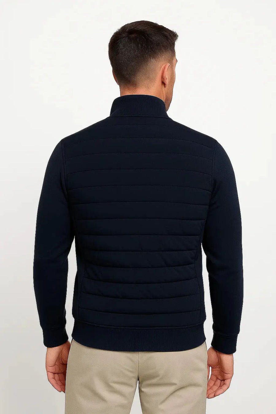 Men's hybrid quilted jacket with knitted sleeves
