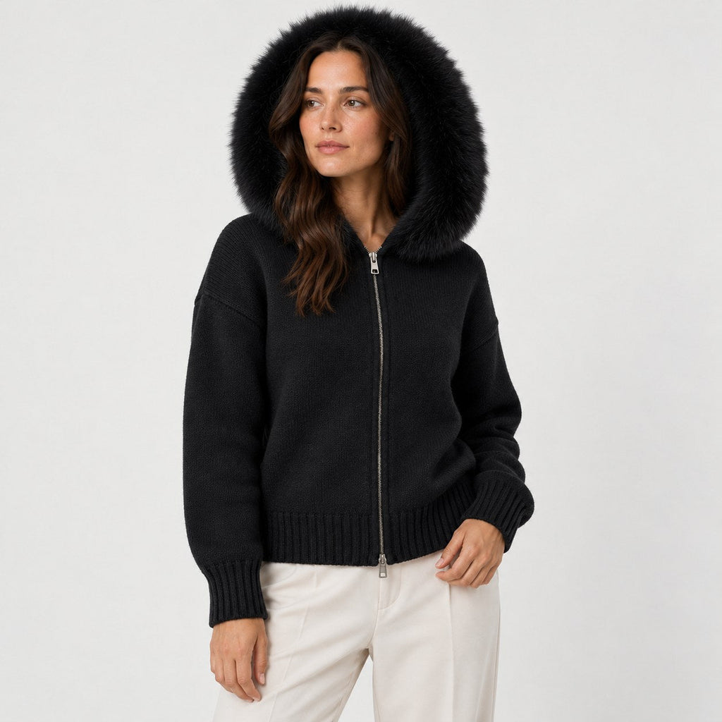 Women's zip-up knit cardigan with faux fur hood in Black | Kilnsey – side view
