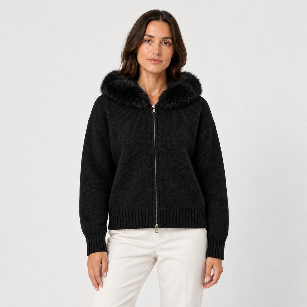 Women's zip-up knit cardigan with faux fur hood in Black | Kilnsey – front view
