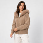Women's zip-up knit cardigan with faux fur hood in Camel | Kilnsey – side view