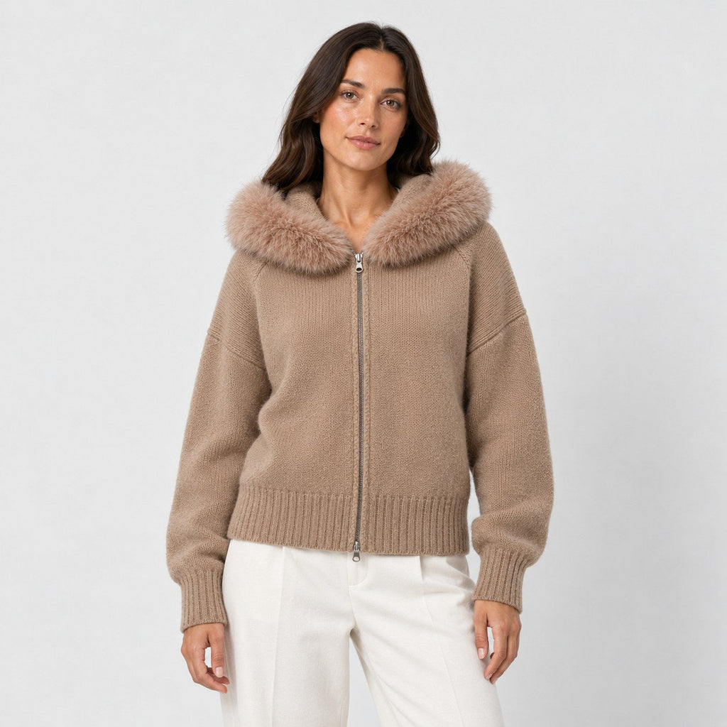 Women's zip-up knit cardigan with faux fur hood in Camel | Kilnsey – front view