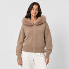 Women's zip-up knit cardigan with faux fur hood in Camel | Kilnsey – front view