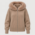 Women's zip-up knit cardigan with faux fur hood in Camel | Kilnsey – front view