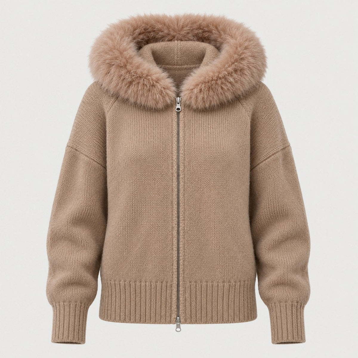 Women's zip-up knit cardigan with faux fur hood in Camel | Kilnsey – front view
