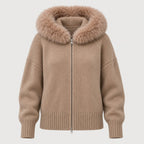 Women's zip-up knit cardigan with faux fur hood in Camel | Kilnsey – front view