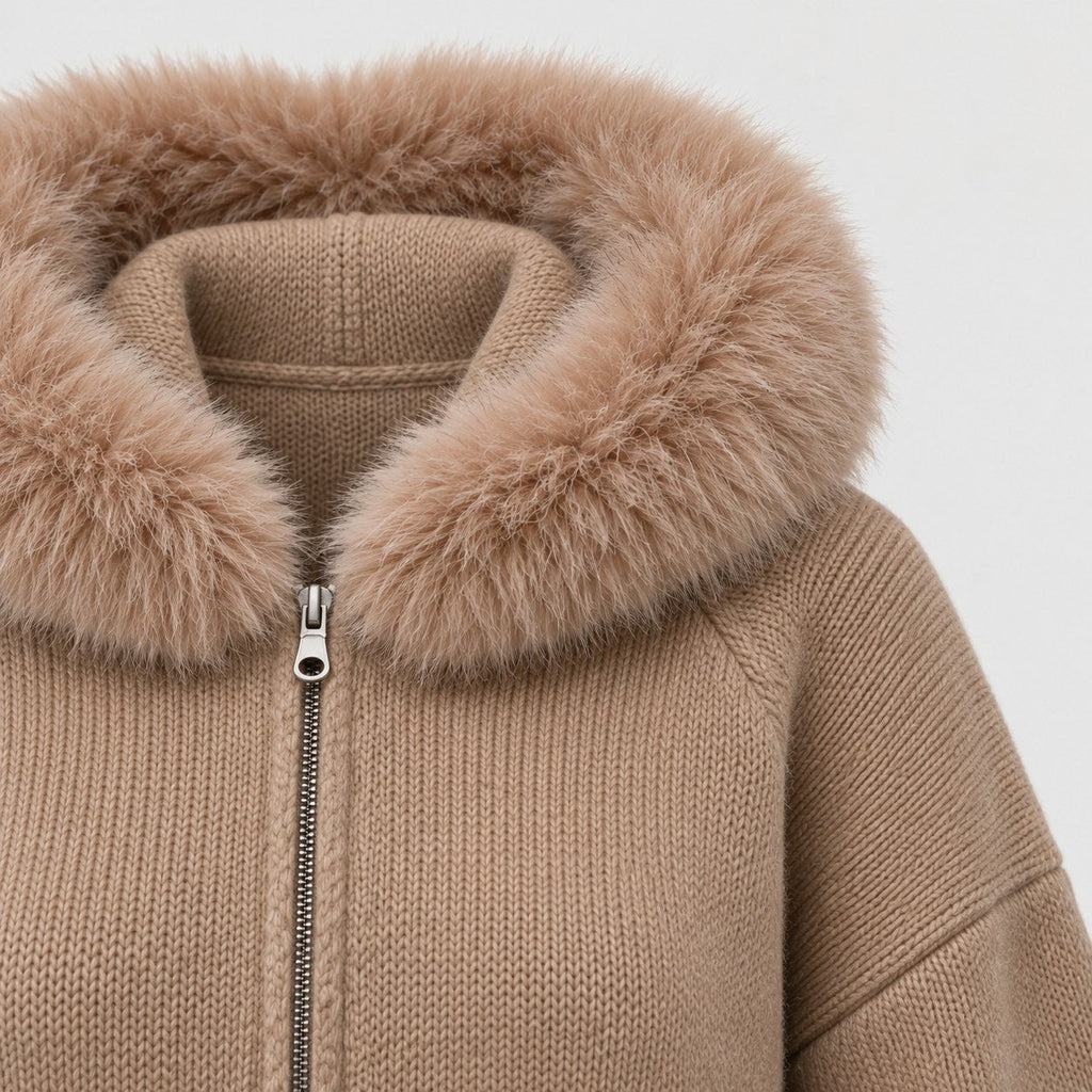 Women's zip-up knit cardigan with faux fur hood in Camel | Kilnsey – detail view