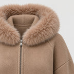 Women's zip-up knit cardigan with faux fur hood in Camel | Kilnsey – detail view