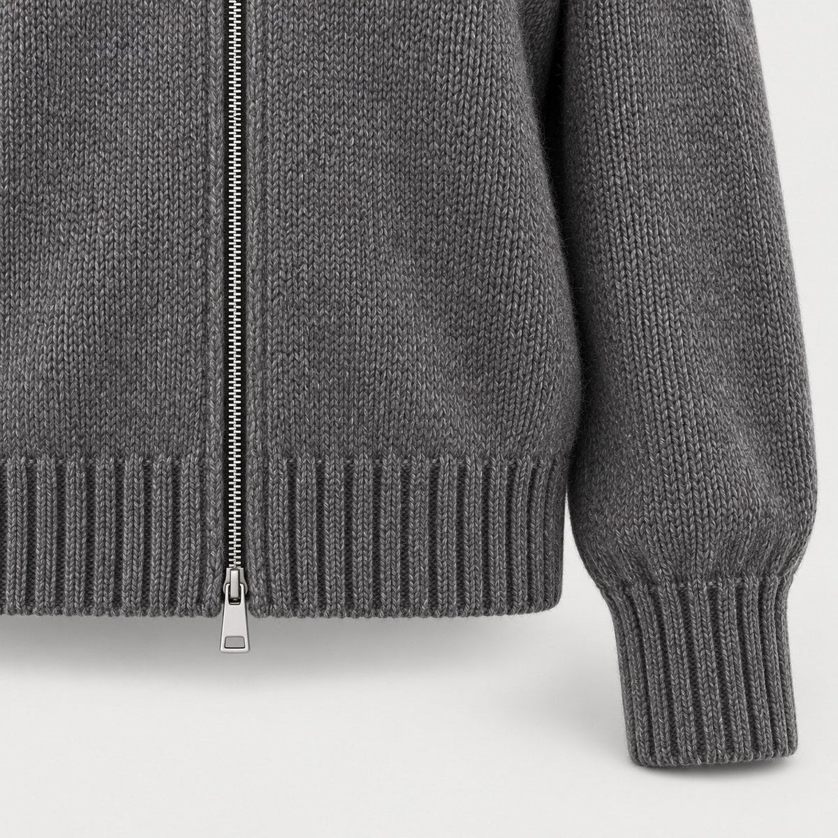Women's zip-up knit cardigan with faux fur hood in Grey | Kilnsey – detail view