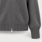 Women's zip-up knit cardigan with faux fur hood in Grey | Kilnsey – detail view