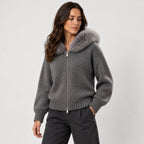 Women's zip-up knit cardigan with faux fur hood in Grey | Kilnsey – side view